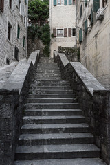 Ancient stairs in Old town Kotor. Medieval stone staircase between apartment buildings in the old town center of Montenegro. Cats in the street waiting for food in a wall