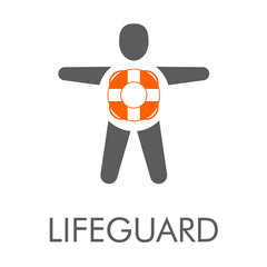 Logotipo abstracto con texto LIFEGUARD con hombre y salvavidas en gris y naranja