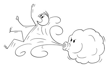 Vector cartoon stick figure drawing conceptual illustration of wind represented by small cloud blowing a man away.