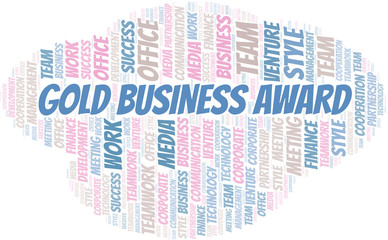 Gold Business Award word cloud. Collage made with text only.