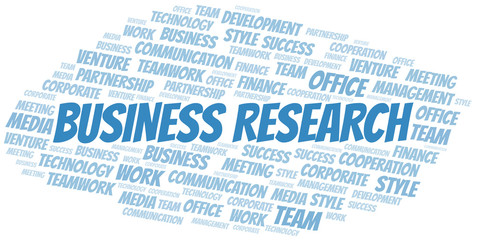 Business Research word cloud. Collage made with text only.