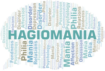 Hagiomania word cloud. Type of mania, made with text only.