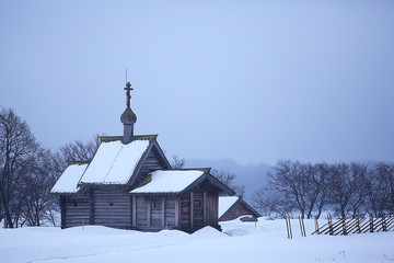 landscape in russian kizhi church winter view / winter season snowfall in landscape with church architecture