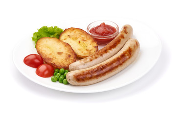 Grilled Thuringian Sausages, close-up, isolated on white background