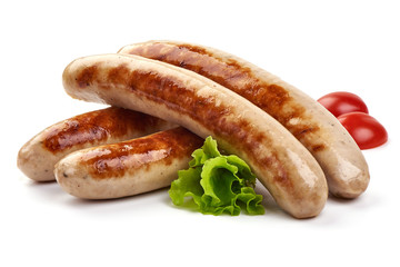Grilled Thuringian Sausages, close-up, isolated on white background