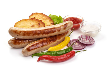 Grilled Nuremberg Sausages, close-up, isolated on white background