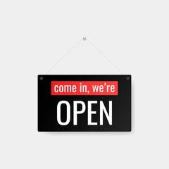 Come in we're open, door signs stickers for your needs. Modern flat style vector illustration