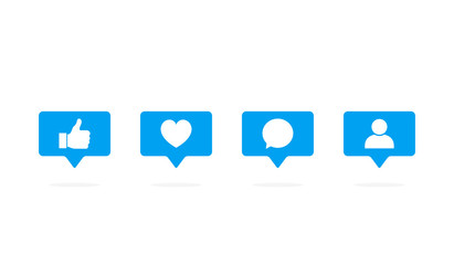 Speech bubble like, follower, comment, notification, heart, user icon set for social media