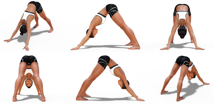 Woman in Yoga Downward Facing Dog Poses with 6 angles of view