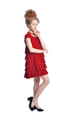 Full length. Girl in red dress posing isolated