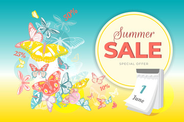 Summer sale banner with colorful butterflies flying from calendar on colorful background. Vector illustration.