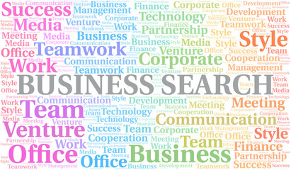 Business Search word cloud. Collage made with text only.