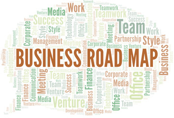 Business Road Map word cloud. Collage made with text only.