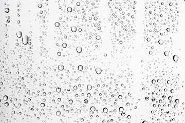 white isolated background water drops on the glass / wet window glass with splashes and drops of water and lime, texture autumn background
