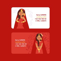 Wedding outfits set of business cards vector illustration. Beautiful indian woman wearing bridal clothing. Traditional celebration, love ceremony, hinduism costume. Red sari. Bollywood star fashion.