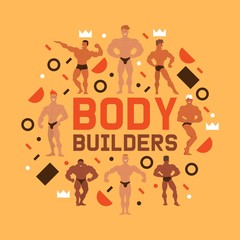 Men physics banner vector illustration. Muscle bodybuilder men flexing his muscles. Fitness models, posing, bodybuilding. Sportsmen in gym. Strong people. Male showing his biceps.