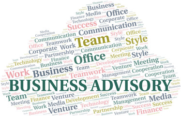 Business Advisory word cloud. Collage made with text only.