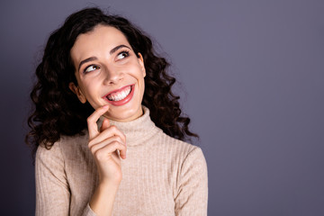 Close-up portrait of her she nice-looking attractive pretty lovely charming cute cheerful cheery creative inspired wavy-haired lady isolated over gray violet purple pastel background