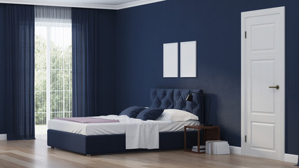 Fototapeta na wymiar Modern house interior. Bedroom in blue tonnes. 3D rendering.