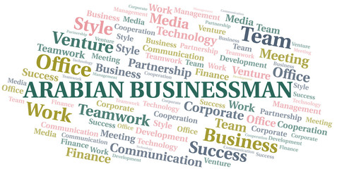 Arabian Businessman word cloud. Collage made with text only.