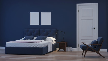 Modern house interior. Bedroom in blue tonnes. Night. Evening lighting. 3D rendering.