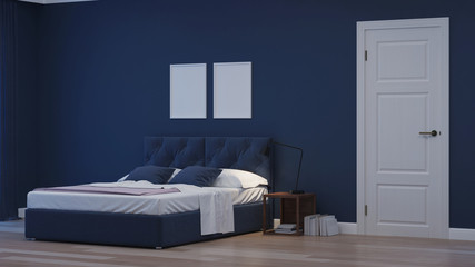 Modern house interior. Bedroom in blue tonnes. Night. Evening lighting. 3D rendering.