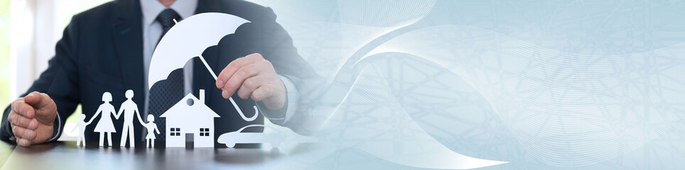 Concept of family, home and car protection. panoramic banner