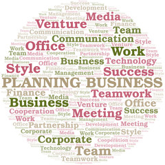 Planning Business word cloud. Collage made with text only.