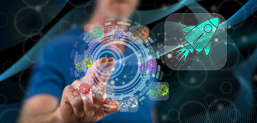 Man touching a teamwork success concept