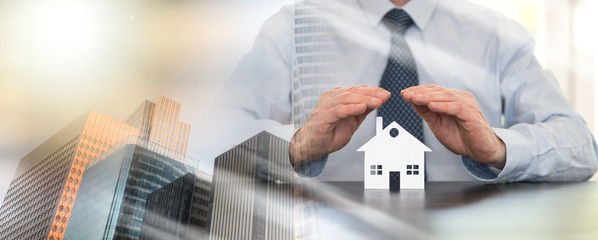 Symbol of home insurance; multiple exposure
