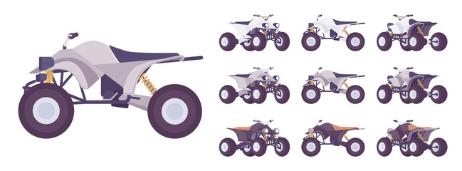 ATV transport set. All terrain motorized vehicle, off highway four wheeler for dunes, trails or track. Vector flat style cartoon illustration isolated on white background, different views and color © andrew_rybalko