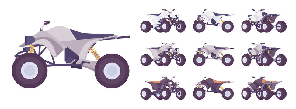 ATV transport set. All terrain motorized vehicle, off highway four wheeler  for dunes, trails or track. Vector flat style cartoon illustration isolated  on white background, different views and color Stock Vector |