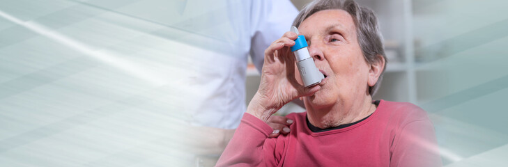 Senior woman with asthma inhaler. panoramic banner