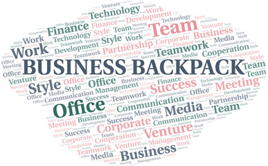 Business Backpack word cloud. Collage made with text only.