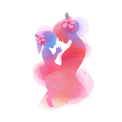 Happy mother's day. Side view of Happy mom with daughter  silhouette plus abstract watercolor painted.Happy  mother's day. Double exposure illustration. Digital art painting.
