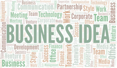 Business Idea word cloud. Collage made with text only.