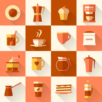 Coffee icons set in flat style with long shadow