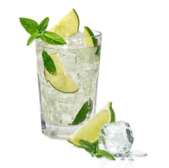 A glass of Mojito cocktail on white background.