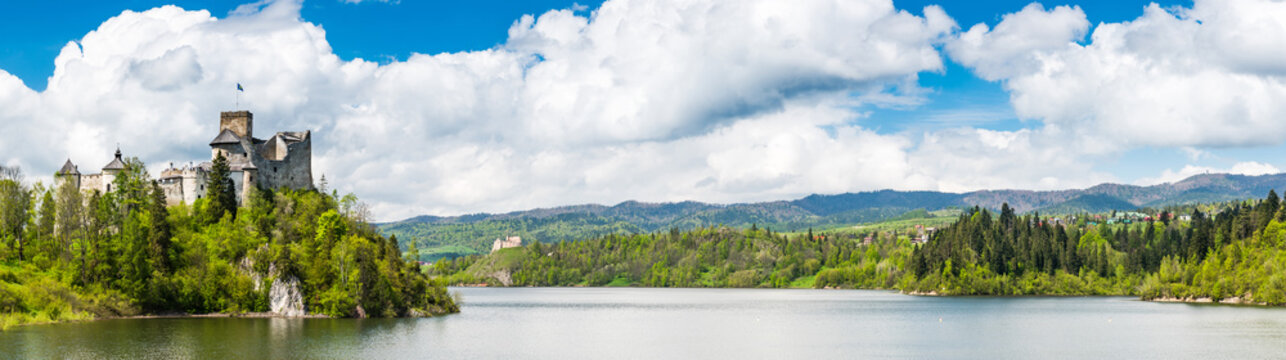 Wide panoramic view over Niedzica castle, Czorsztyn lake and landscape , Poland