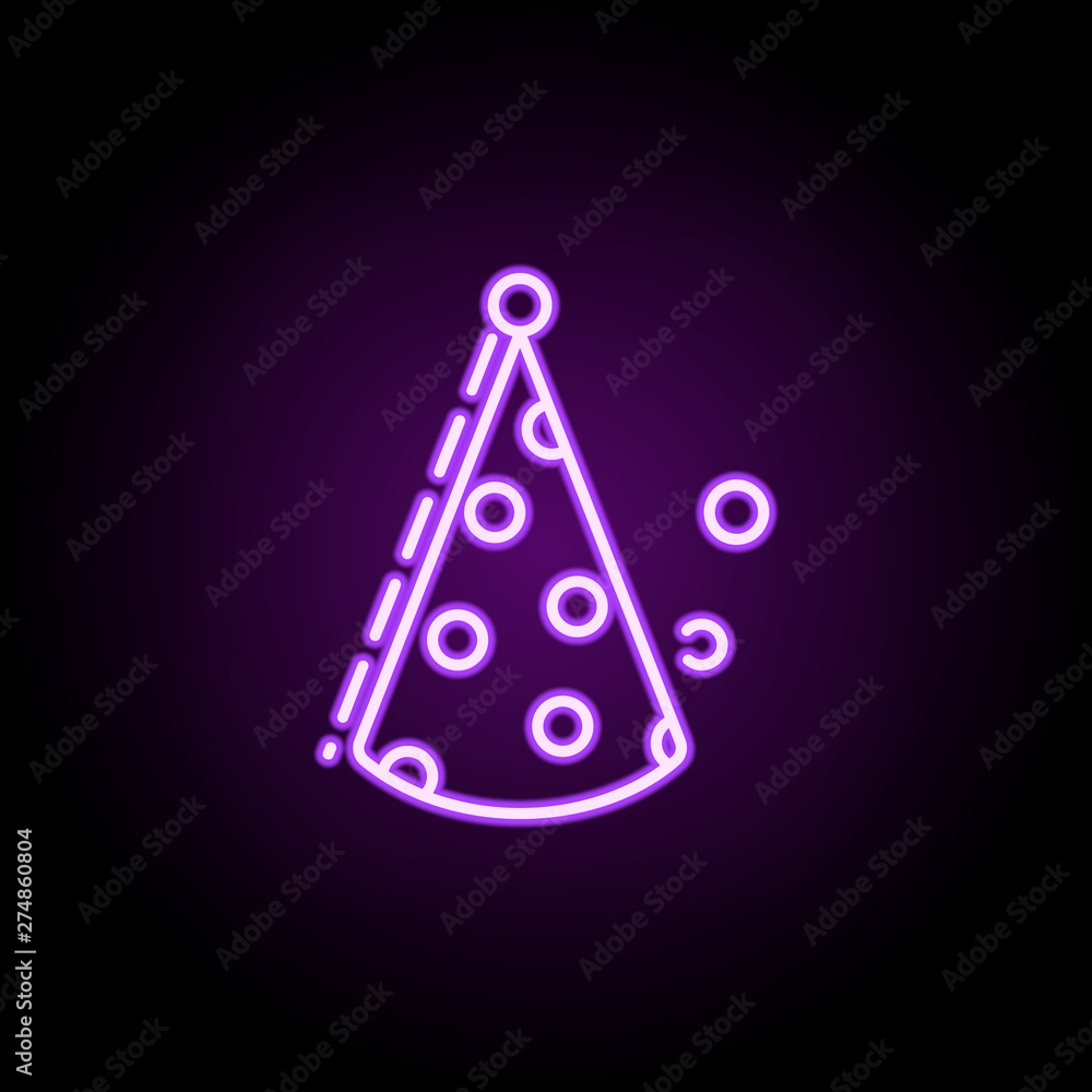 Poster cone shaped hat dusk style neon icon. elements of birthday set. simple icon for websites, web design