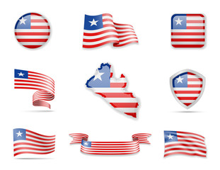 Liberia flags collection. Vector illustration set flags and outline of the country.