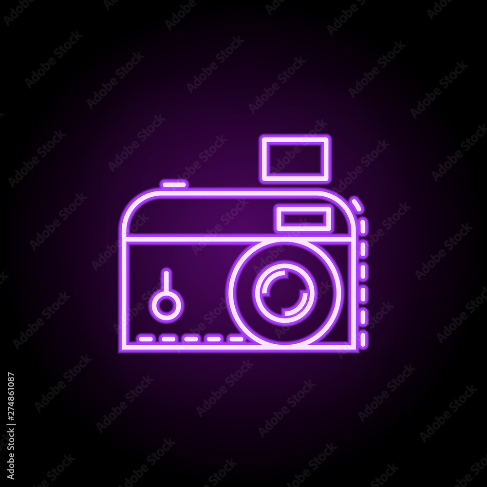 Poster camera dusk style neon icon. elements of birthday set. simple icon for websites, web design, mobile 