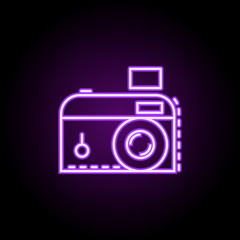 Camera dusk style neon icon. Elements of birthday set. Simple icon for websites, web design, mobile app, info graphics