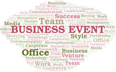 Business Event word cloud. Collage made with text only.