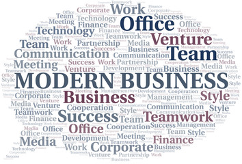 Modern Business word cloud. Collage made with text only.