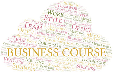 Business Course word cloud. Collage made with text only.