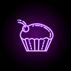 Cup cake with cherry dusk style neon icon. Elements of birthday set. Simple icon for websites, web design, mobile app, info graphics