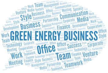 Green Energy Business word cloud. Collage made with text only.