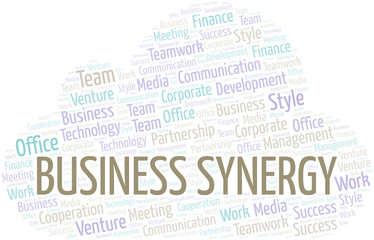 Business Synergy word cloud. Collage made with text only.