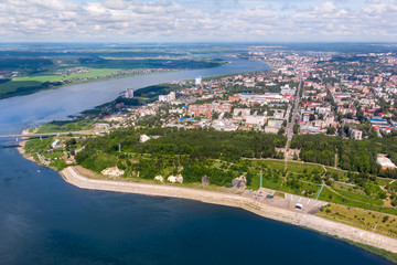 Panorama of city Tomsk and Tom River. Aerial top view